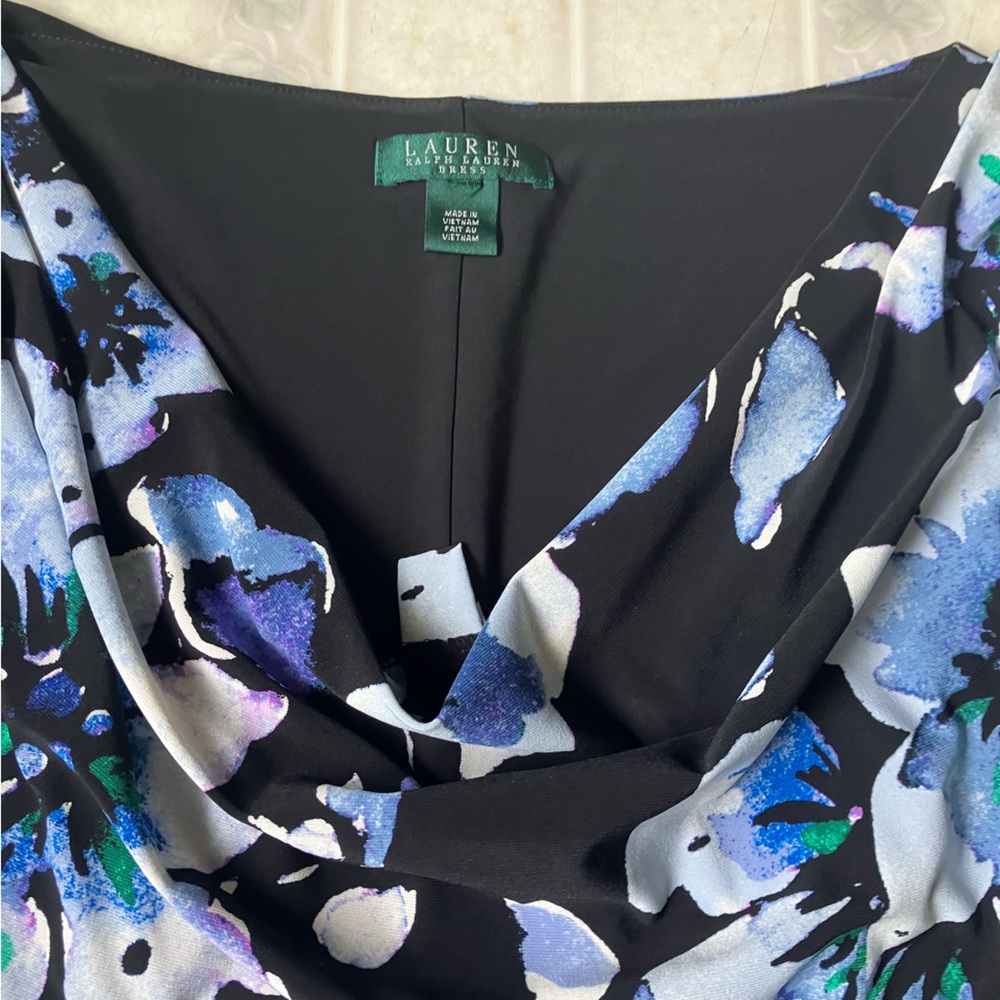 Lauren ralph Lauren Blue floral lined pleated side 3/4 sleeve cowl neck dress - Picture 4 of 8